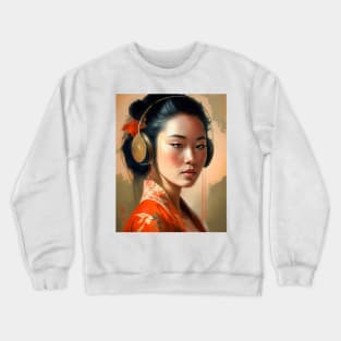 Music Lover-Listening to Music with Earphones-Asian Woman Crewneck Sweatshirt